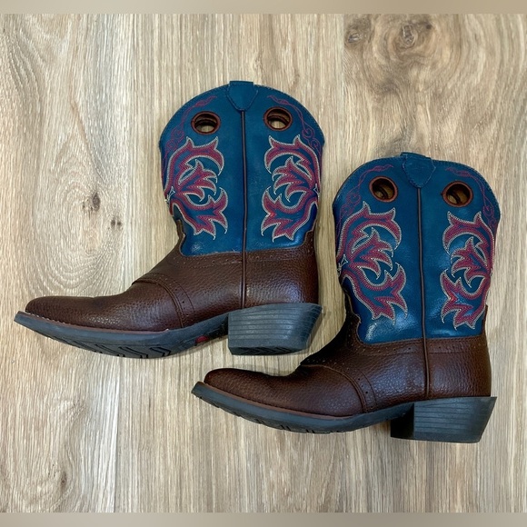 2520JR Childrens Justin Lasso Western Boots Square Toe Brown/Blue Size 4 D - Picture 4 of 7